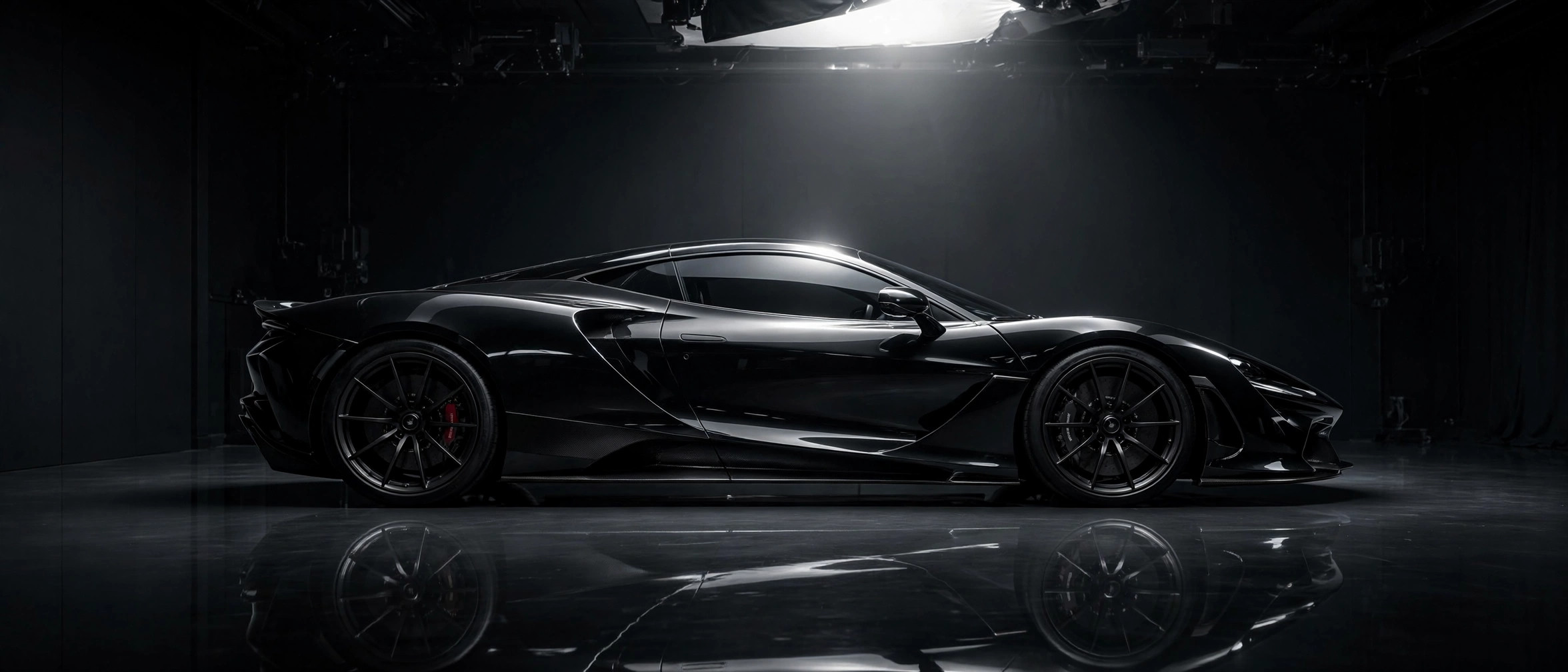 Black supercar in a dark studio with a mirror-gloss detailed finish